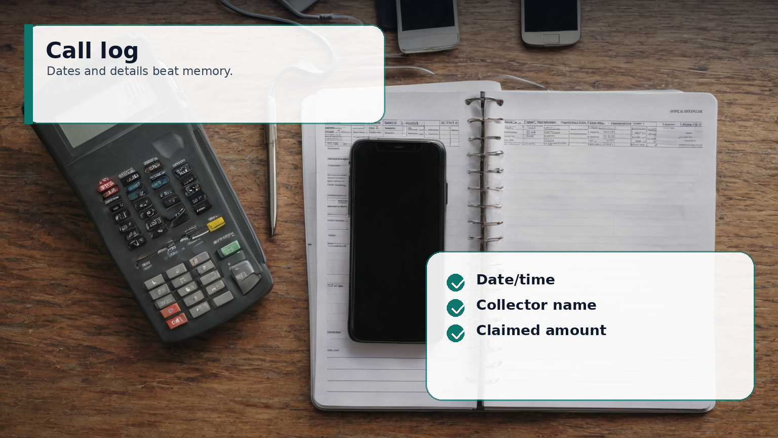 Debt collector call log with phone and notebook