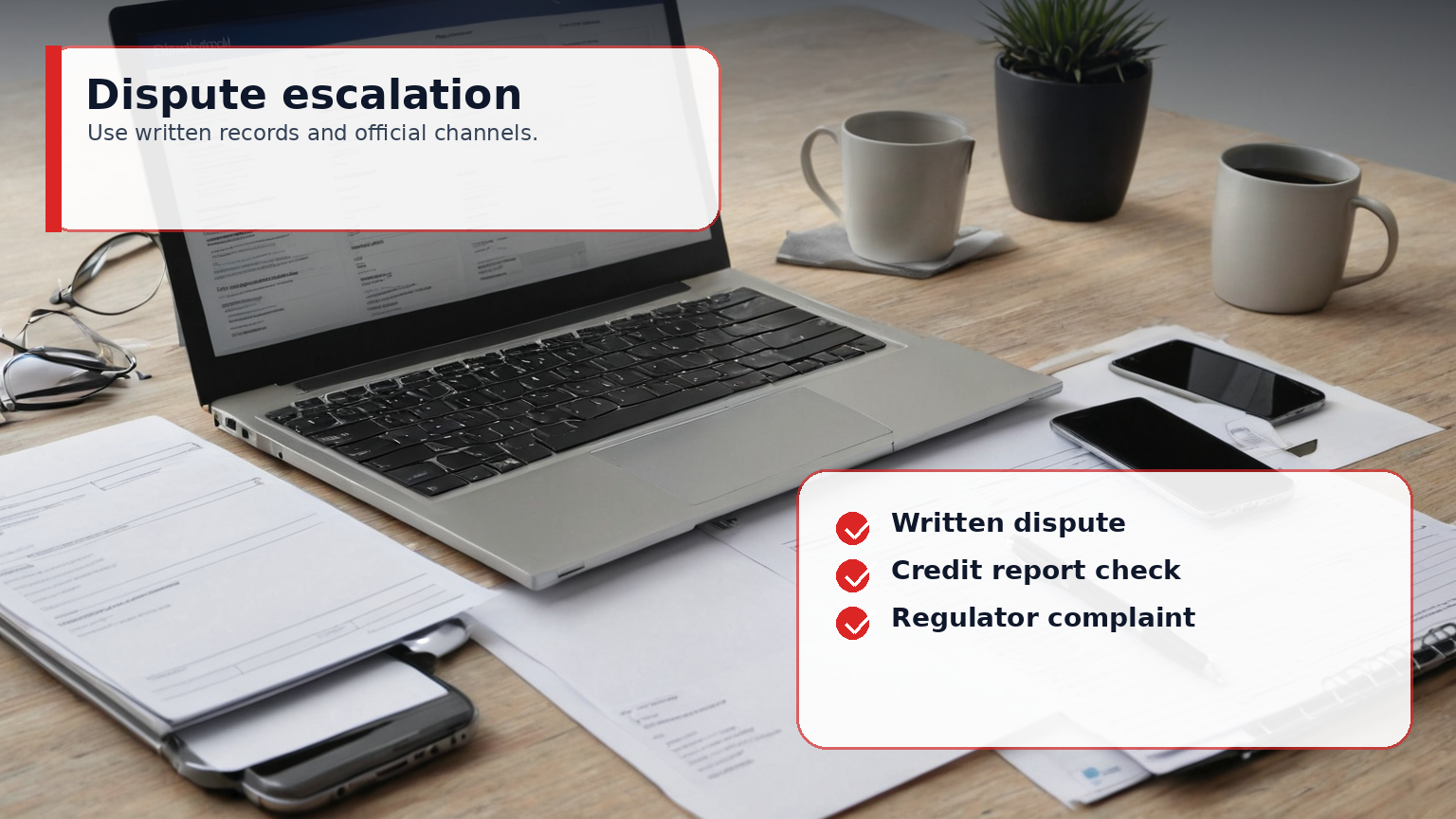 Debt dispute escalation folder with official complaint workflow