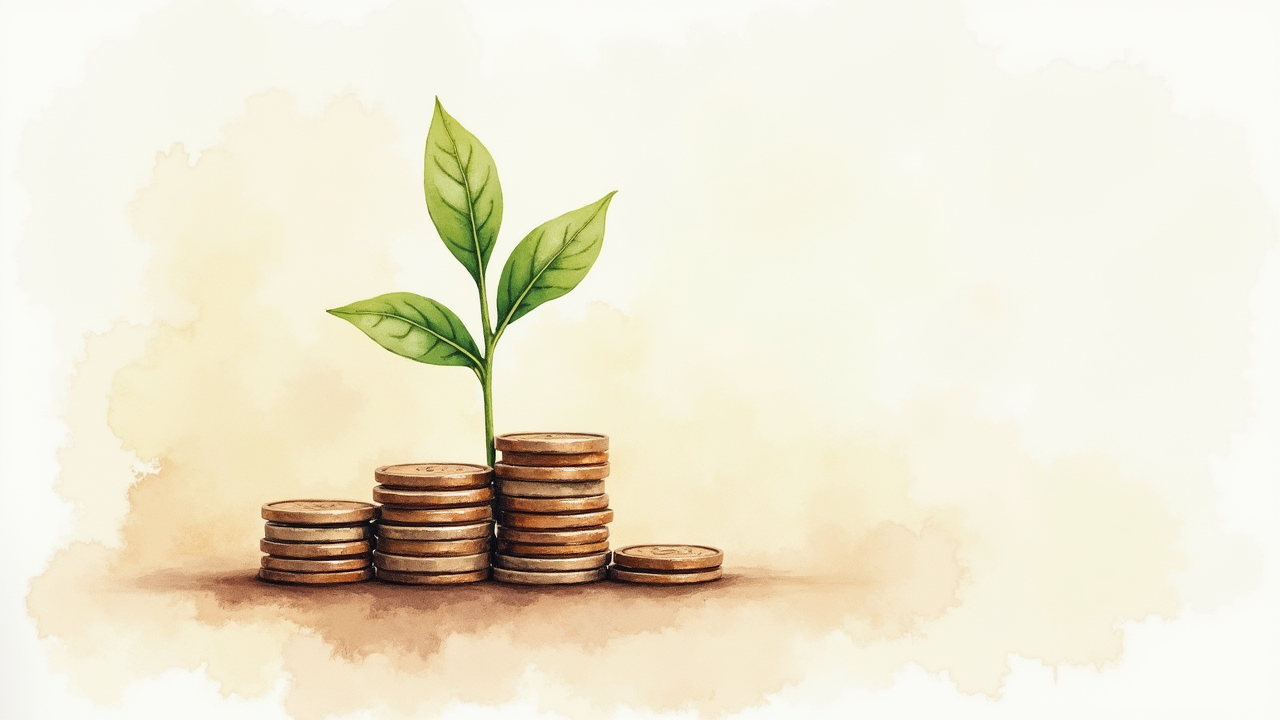 Watercolor illustration of growing plant beside coin stack — concept of slow steady investment growth