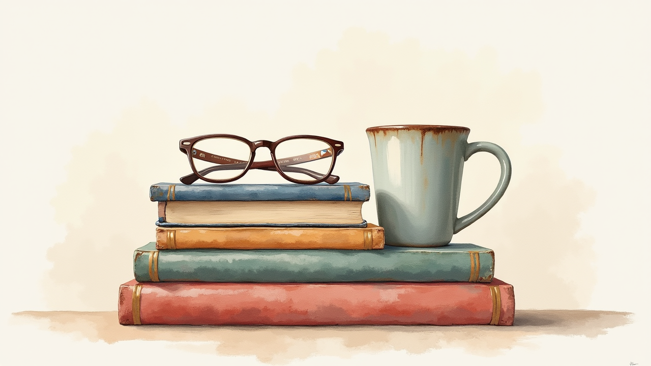 Watercolor illustration of vintage piggy bank, coin stack, and small notebook chart