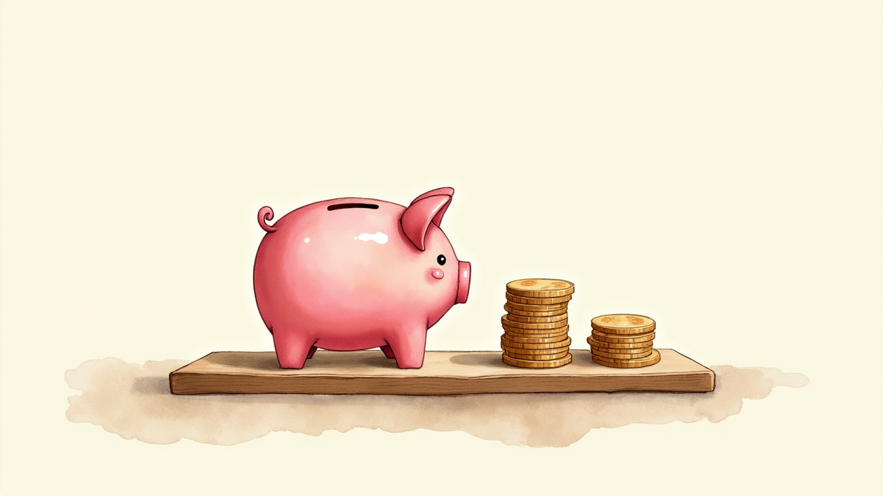 Watercolor illustration of a vintage piggy bank with a small medical cross icon beside coin stacks on a wooden surface