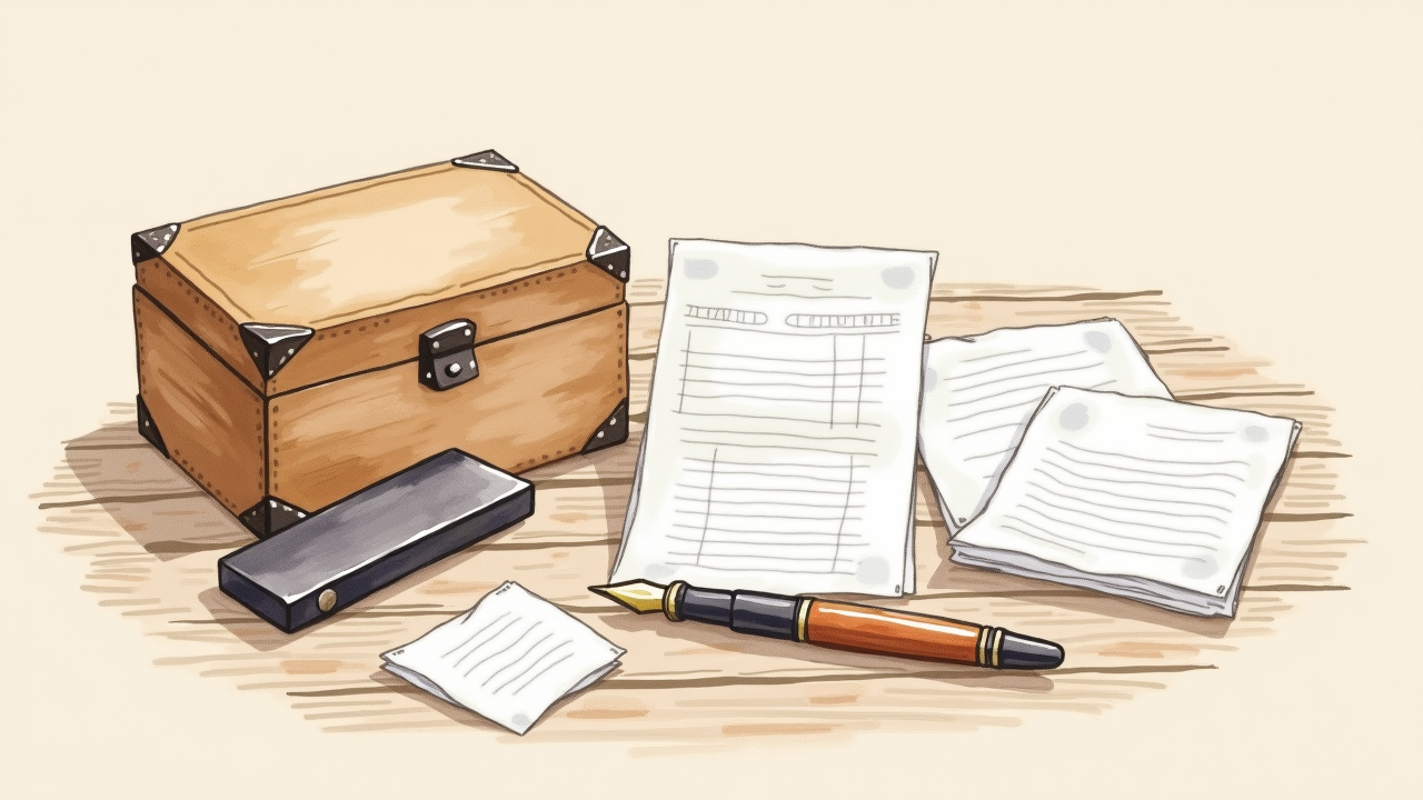 Watercolor still life of a stack of paper receipts beside a small wooden box and a pen on a wooden desk
