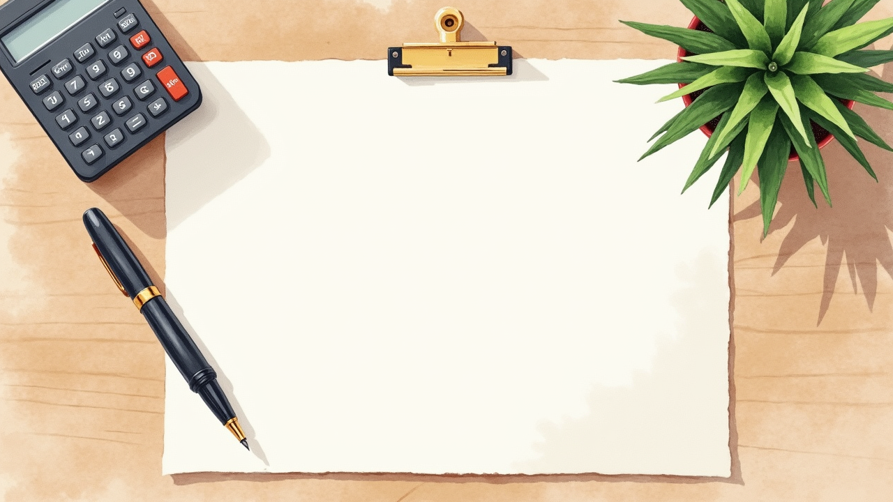 Watercolor still life of a pen, calculator, and folded paper tax form on a wooden desk with a small plant
