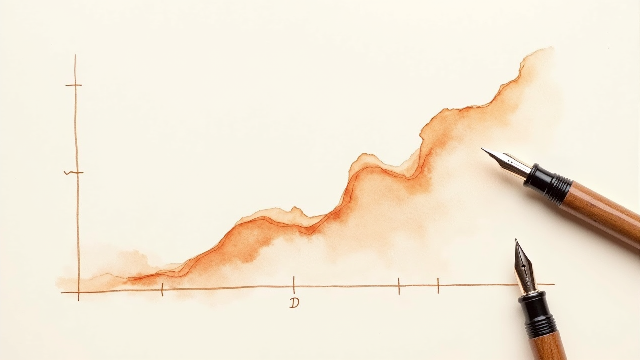 Watercolor illustration of a hand-drawn line chart with two ascending curves on textured paper beside a fountain pen