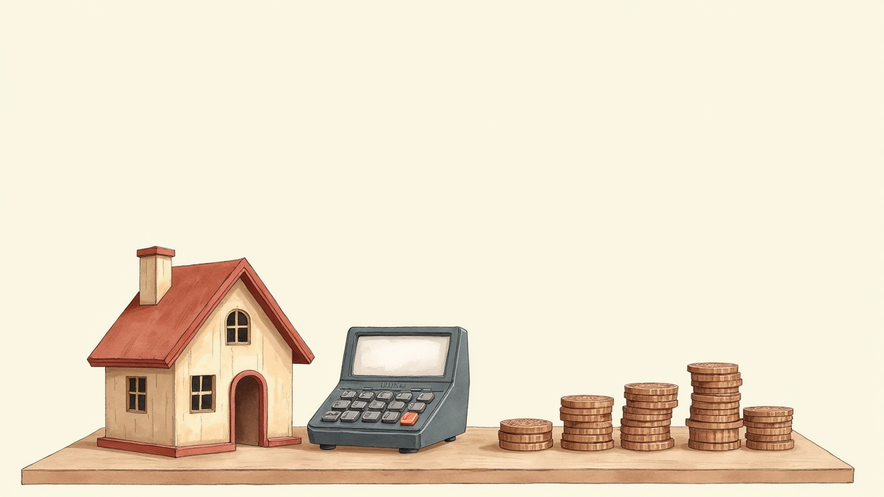 Watercolor illustration of a small house, a calculator, and a stack of coins on a wooden desk with a small plant