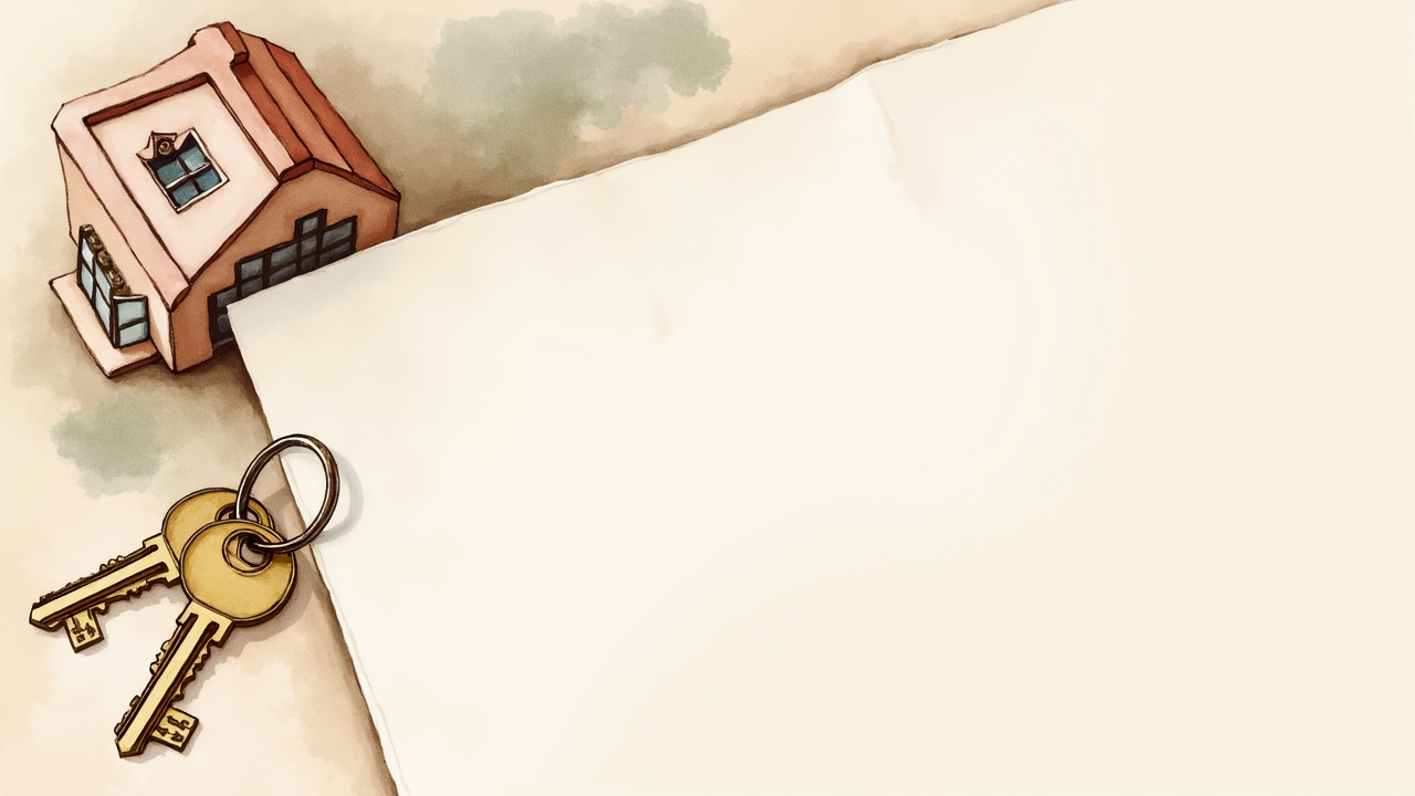 Watercolor still life of a small set of house keys, a folded paper document, and a tiny model house on a wooden surface