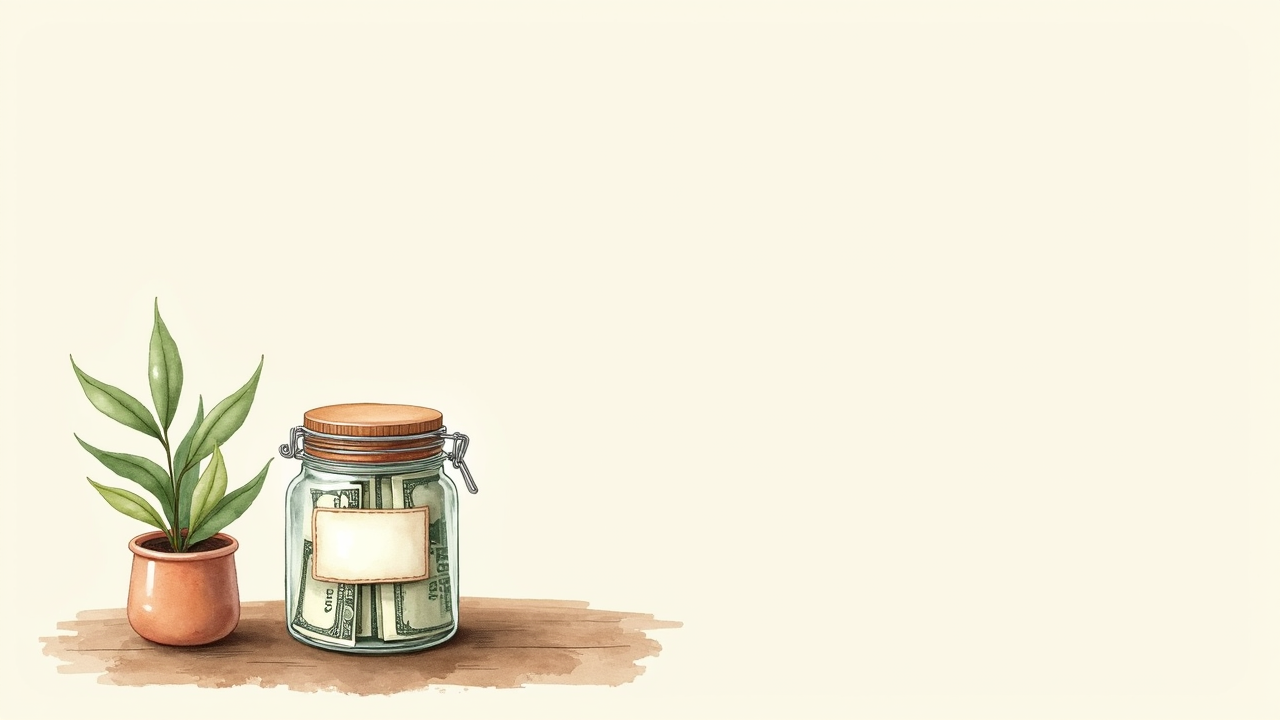 Watercolor illustration of a glass jar full of folded paper bills with a small label, beside a small ceramic plant pot