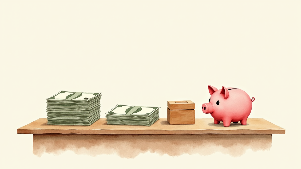 Watercolor illustration of a small ceramic piggy bank, a stack of paper bills, and a small wooden box on a wooden desk