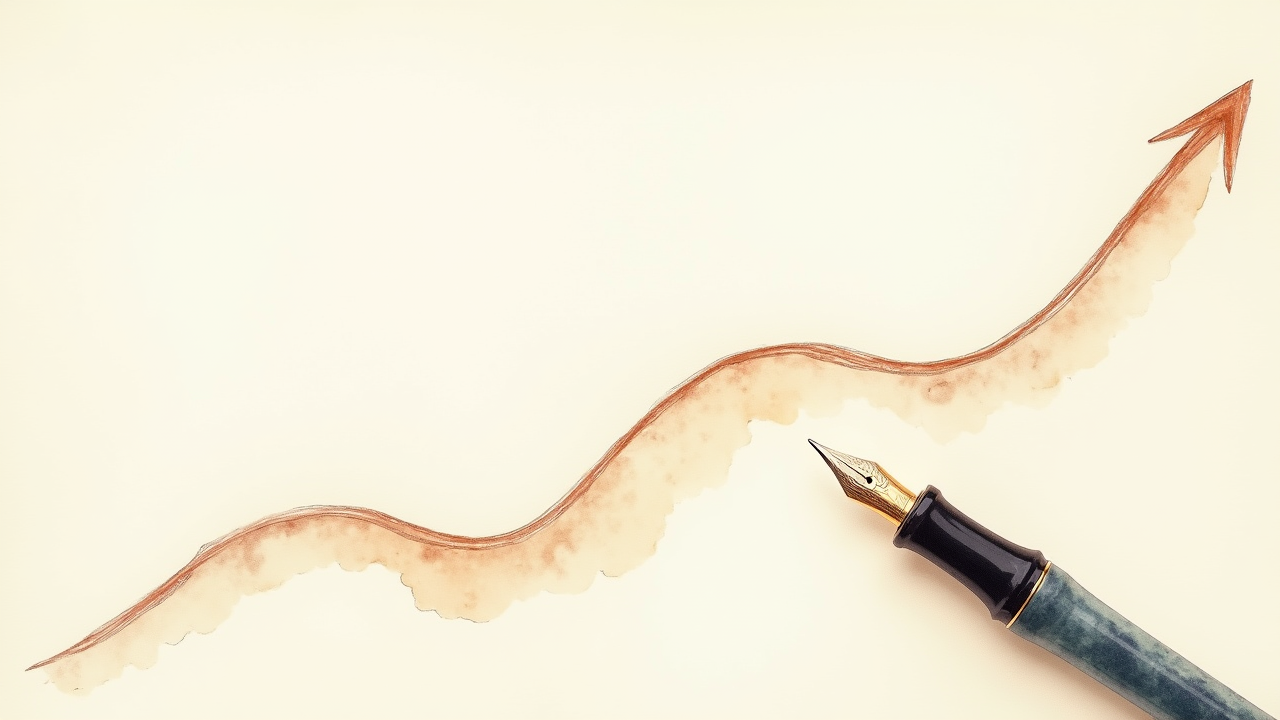 Watercolor illustration of two ascending hand-drawn line curves on cream paper beside a fountain pen, top-down view