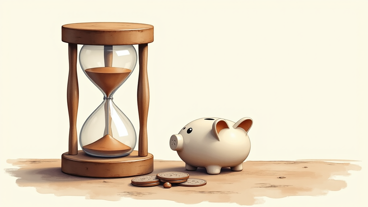 Watercolor still life of a vintage wooden hourglass and a small ceramic coin bank on a wooden desk, top-down view