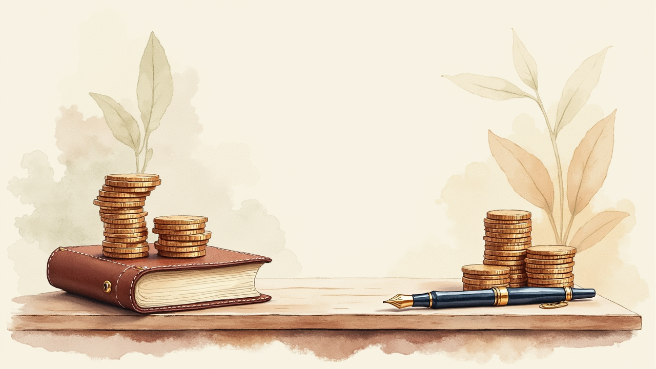 Watercolor still life of a stack of coins, a small notebook, and a fountain pen on a wooden desk
