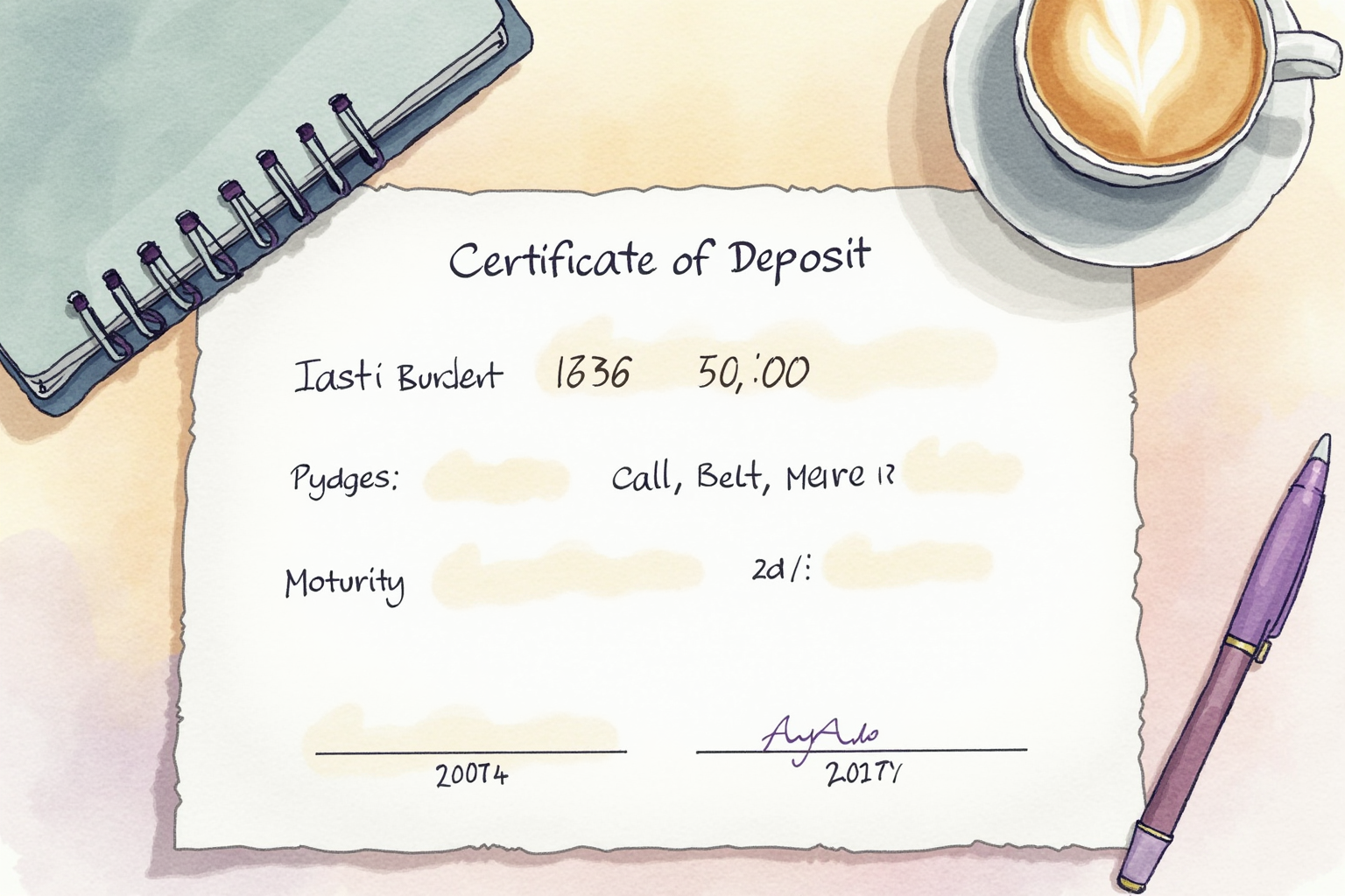 Bank certificate of deposit document with interest rate and maturity date on desk