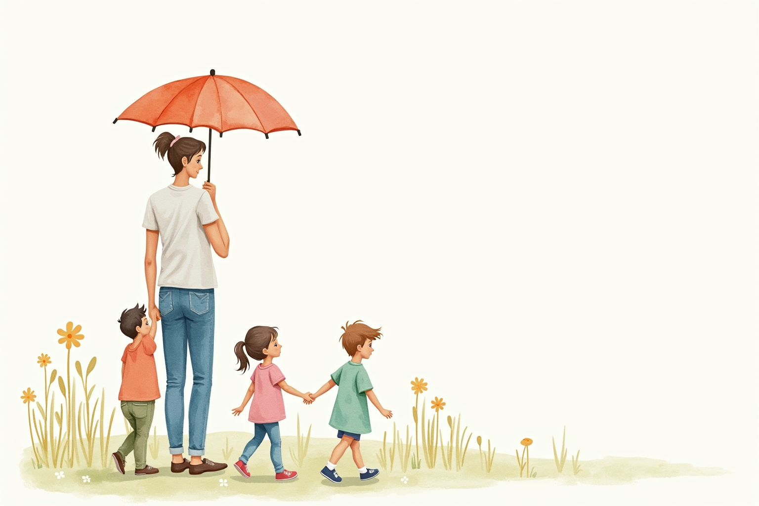 Family with young children at home with safety umbrella protection symbol