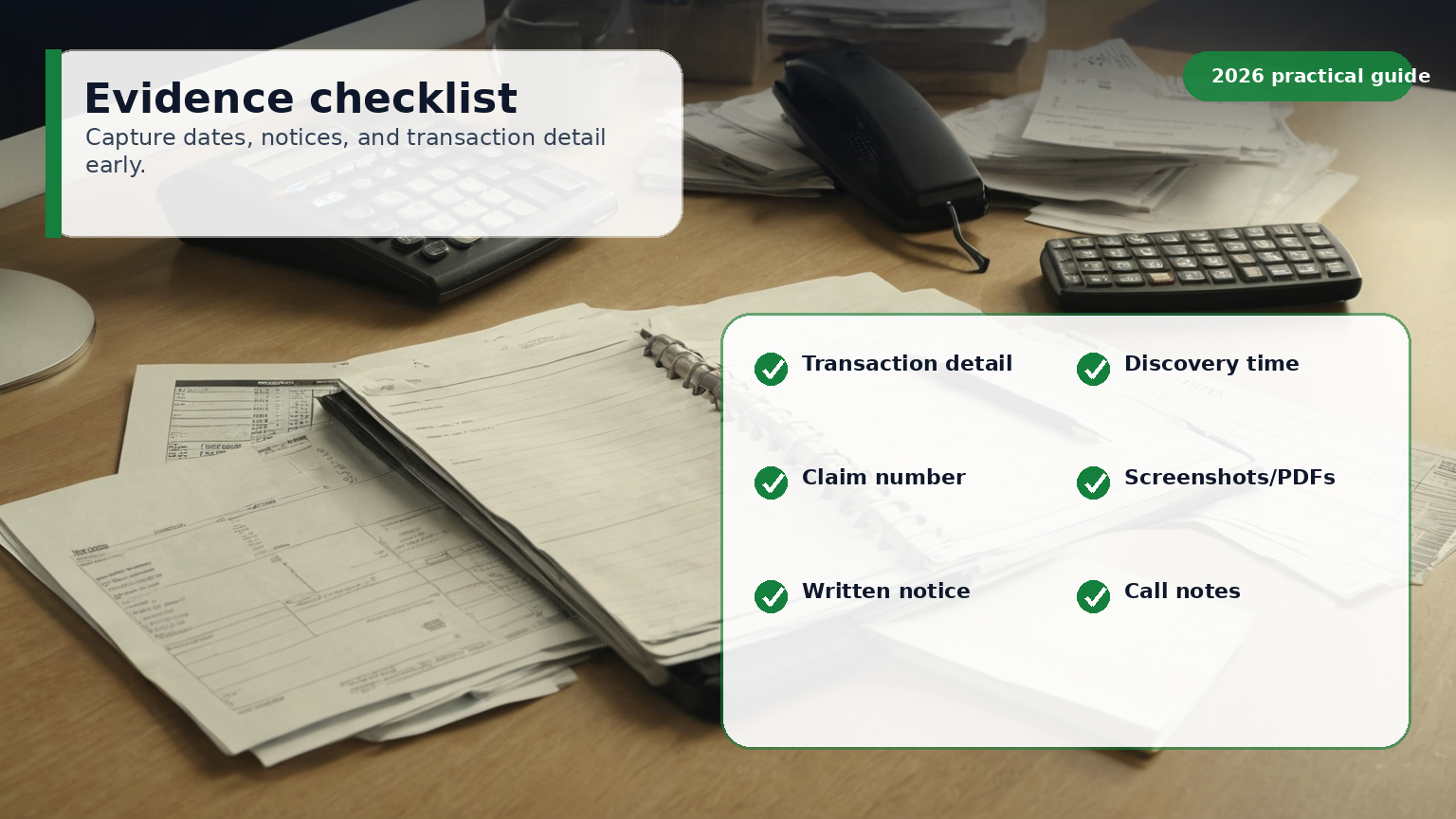 Checklist of evidence to collect for a bank fraud dispute