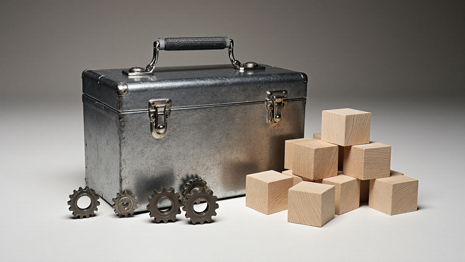 Plain mechanical parts and blank wooden blocks representing a final cash-flow comparison