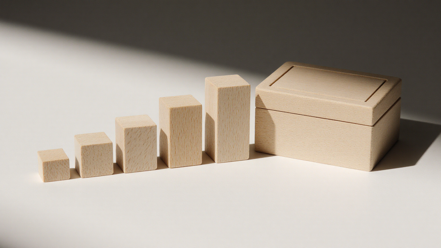 Plain wooden blocks rising toward a closed box, representing a divisor-based distribution calculation