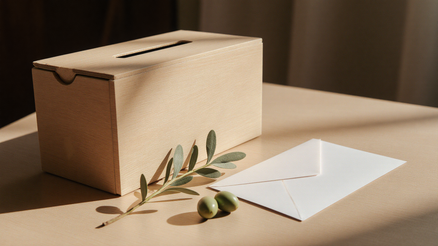 A sealed blank envelope and unmarked wooden giving box representing direct charitable coordination
