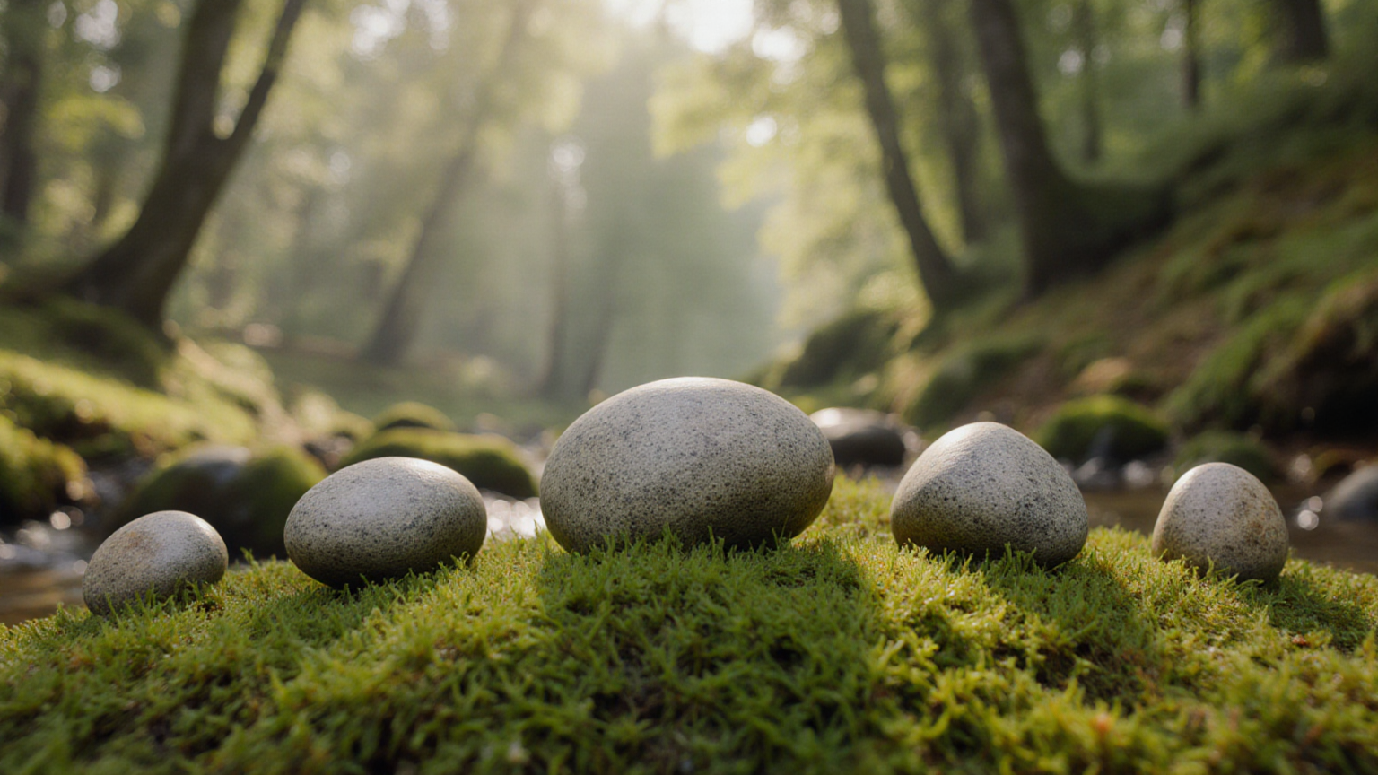 Five natural stones in a calm forest, representing a staged year-round review process