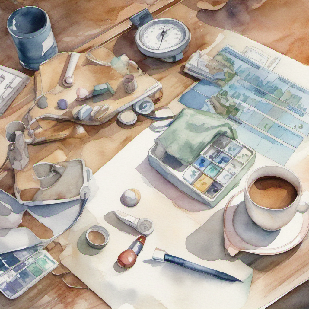 Editorial illustration of a household budget, health insurance card, and balance scale for ACA planning