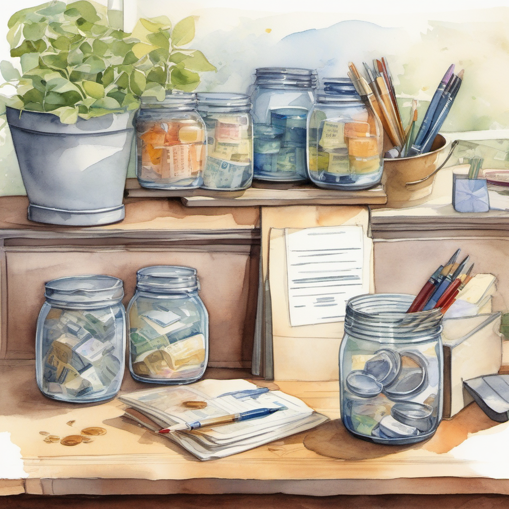 Editorial illustration of retirement cash buckets, savings jars, and bond documents on a calm desk